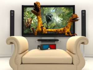 3D LCD TV with dinosaurs walking out of the screen.