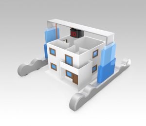 Concept of rapid house construction. Huge 3D printer building a house. 3D rendering.